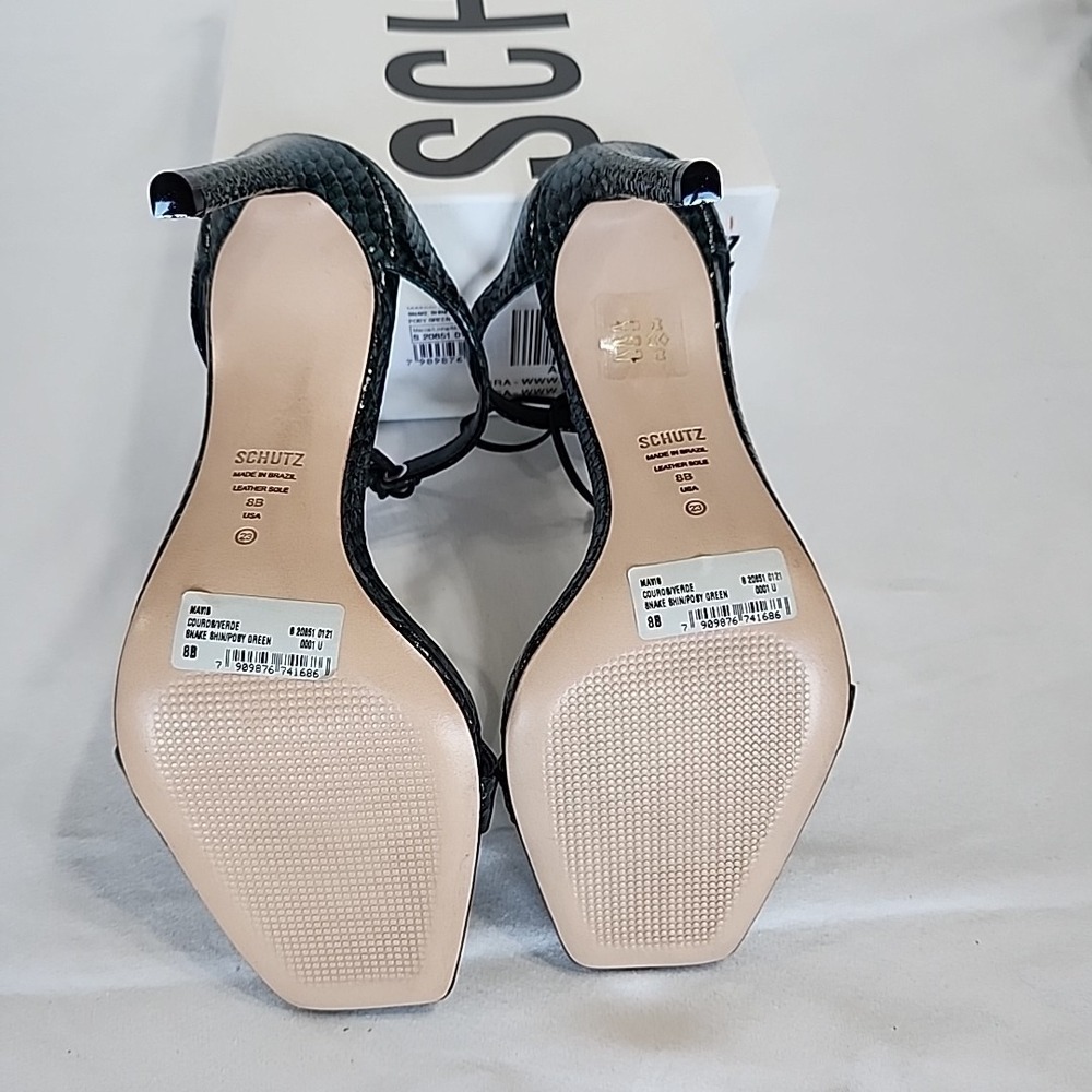Schutz Mavis Green‎ Leather Heeled Mule Sandals Women's 8B Snake - Picture 4 of 5